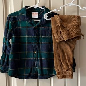 Jumping Beans fall outfit size 2T green plaid button down w/ tan corduroy pants
